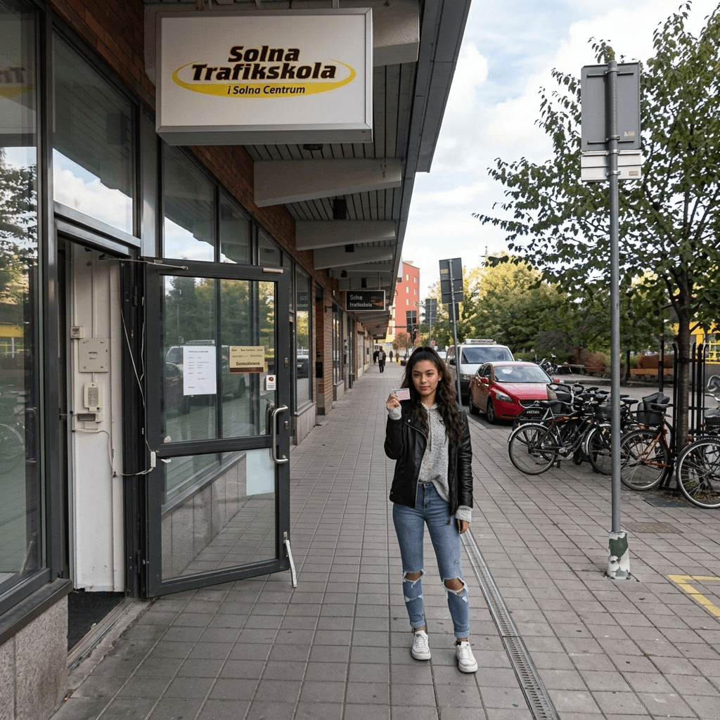 Sara M. utanför Solna Trafikskolas lokal i Sollentuna